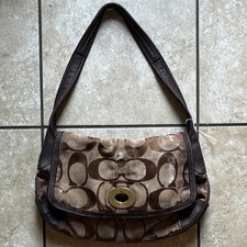 Coach Brown Logo Shoulder Bag Gold Hardware Turn Lock Leather Accent Women