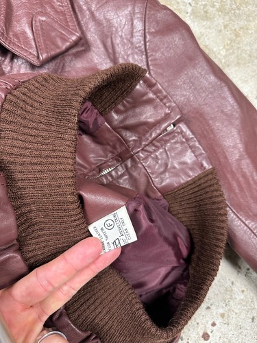 Vintage 90s Burgundy Genuine Leather Bomber Utility Jacket Womens - Picture 10 of 14
