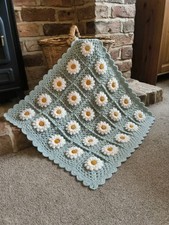 Crochet Baby Blanket Unisex Double Daisy Handmade OOAK Duck-Egg/White 24" sq