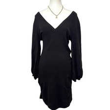 Katherine Black Knit Sweater Dress V Neck Balloon Sleeve Pockets S12 Minimalist