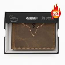 American Bison Men’s Bi-Fold Genuine Leather Wallet.  Color Brown. New