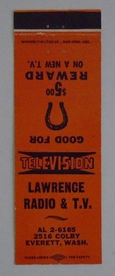 Lawrence Radio & TV Everett WA Matchbook Cover Orange $5.00 on a new television