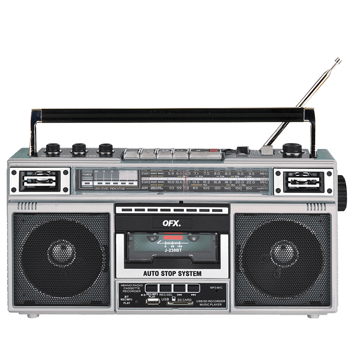 Silver QFX J-230BT(220BT) Retro AM/FM Radio+Rechargeable+Cassette