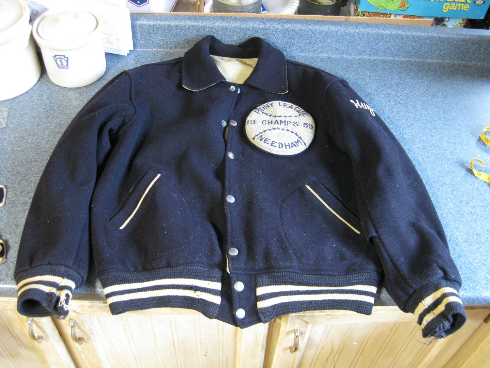 VINTAGE PONY LEAGUE PATCH LETTERMANS GIACCA 1959 NOME LUNGA SPIAGGIA CALIFORNIA