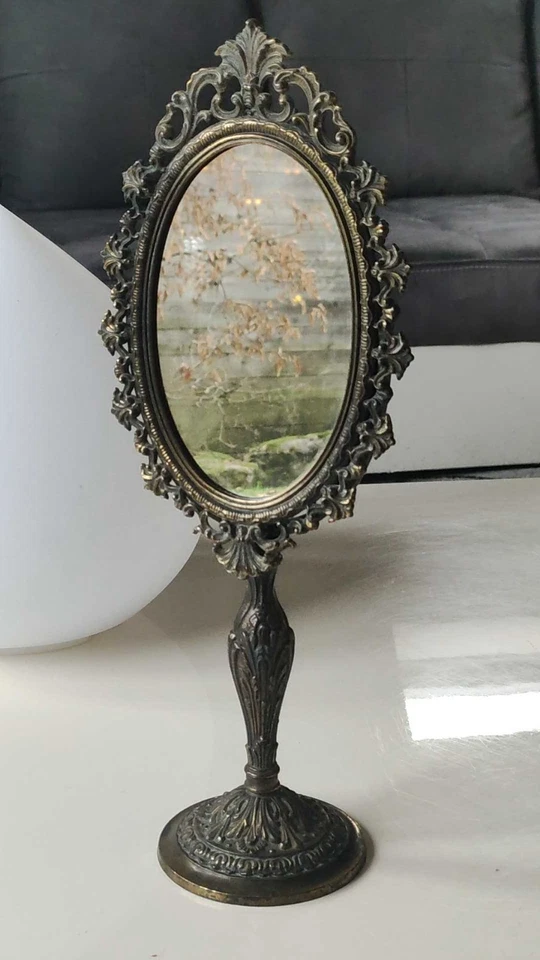 Miroir Coiffeuse Ovale Psyché. Rocaille/Baroque. En Métal Aspect Bronze 34x13 cm - Photo 3/4