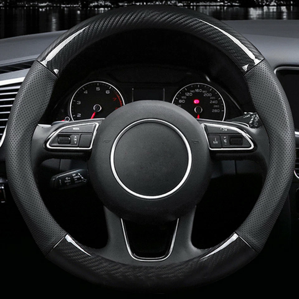 Carbon Fiber Leather Stitching Car SUV Steering Wheel Cover Non-slip Black 38cm — 第 2/4 张图片
