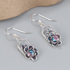 1 Pair S925 Sterling Silver Women Enamel Flower Long Square Dangle Earrings