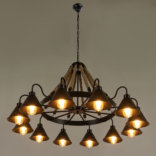 Hemp Rope Chandelier Ceiling Light Rustic Wheel Large Pendant Light Fixture - Picture 6 of 22