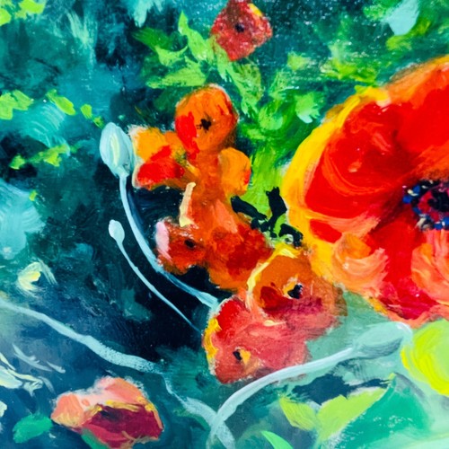 Original Künstler signiert Orange Mohn Ölgemälde Tafel Blumen Rabe Spatz - Bild 4 von 9
