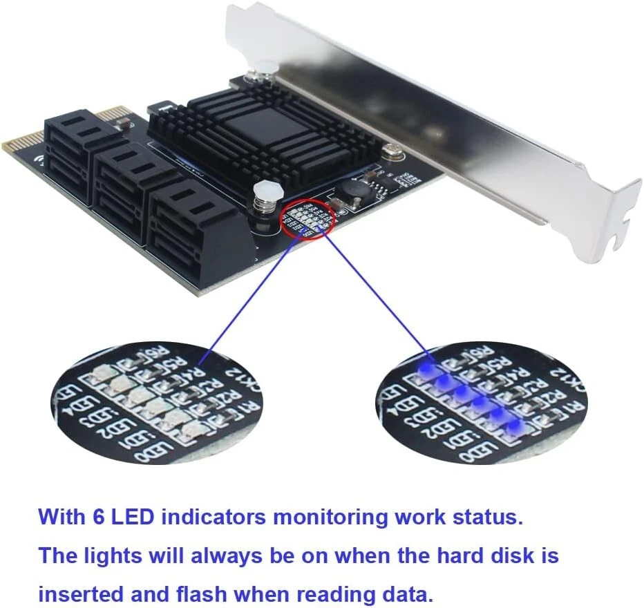6 Port PCI-E Expansion Card Adapter PCI-E x4x8x16 6G SATA3.0 For ASMedia ASM1166 - Image 2 of 4