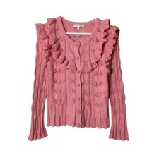 LoveShackFancy pink warren ruffled pointelle knit cardigan womens XS coquette