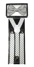 White Black Polka Dot Clip on Bow-Tie & Suspender Set Tuxedo Wedding Formal 