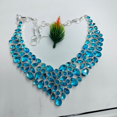 London Blue Topaz Gemstone Silver Plated Adjustable Choker Necklace Jewelry 18''