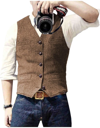 Mens Vest Herringbone Retro Vintage Tweed Waistcoat Lined Tailored Notch Lapel++ - Bild 6 von 31