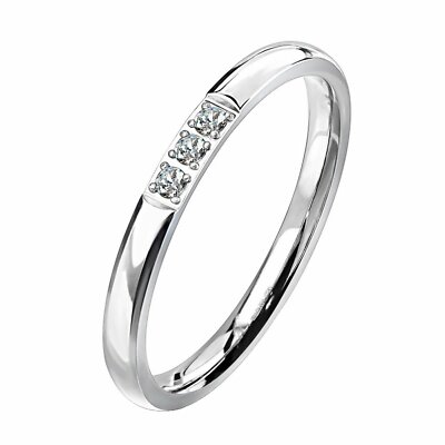Minimalist Three Stone Anniversary Ring Womens Stainless Steel CZ Promise Band