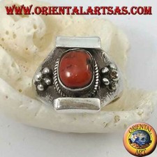 Anello in Argento 925 corallo antico Tibetano montatura Nepalese con fiorellino