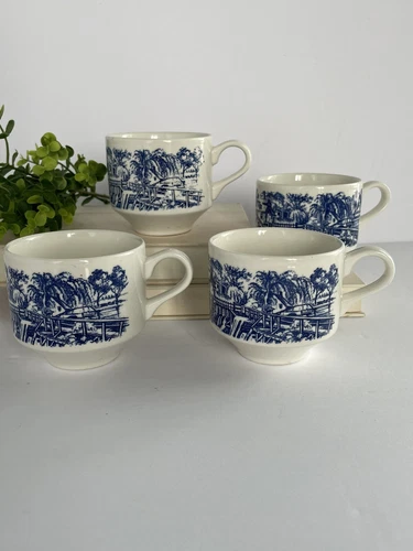 Vintage Made in England Churchill Blue Coffee Tea Cup Mug Ceramic 4 each