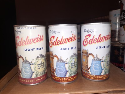 3 EDELWEISS BEER EMPTY OPENED 12 OZ PULL TAB STEEL BEER CANS