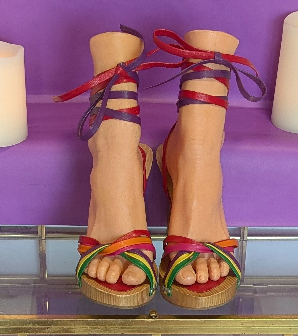 Fornarina Wooden Wedge Sandals with Rainbow Leather Ties Women's Size 39