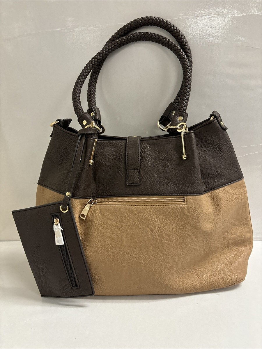 Black Rivet Handbag Shoulder Bag Travel Tote Zipper Carry-All Tan