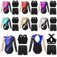 Kids Girls Dancewear Contrast Color Bodysuit Metallic Outfit Gym Dance Shiny