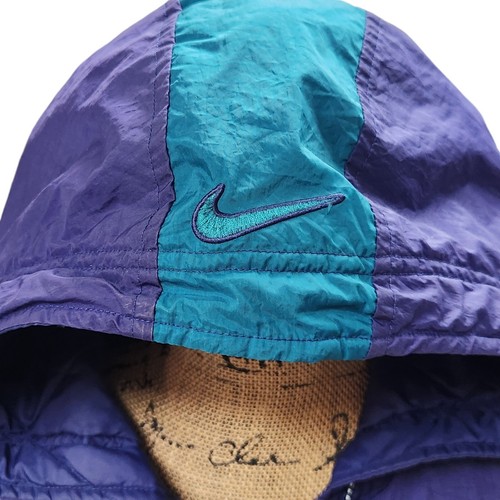 VTG 90s Y2K Nike Purple Teal Hooded Quilt Lined Jacket Spell Out Logo Women's L - Picture 7 of 10