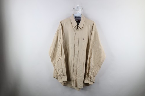 Vtg 90s Tommy Hilfiger Mens Large Distressed Collared Button Down Shirt Beige - Picture 1 of 13