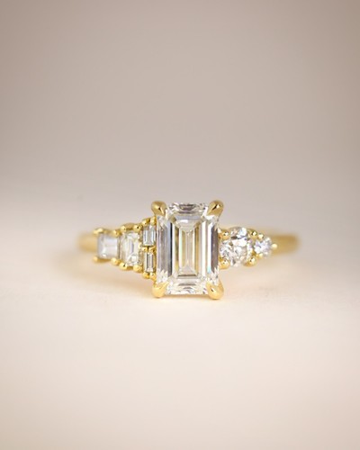 Emerald Cut Cluster Engagement Ring G/VS1 Lab Grown Diamond Ring 14k Yellow Gold