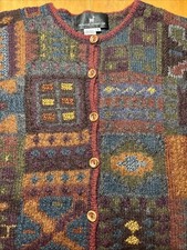 159 VTG Peruvian Connection Patchwork Cardigan Geometric Alpaca Pima Sweater S
