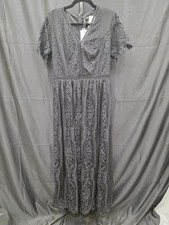 MEROKEETY V‑Neck Lace Maxi Dress Short Sleeve Wedding Bridesmaid Cocktail Blk L