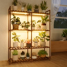 Bamworld Plant Stand with Grow Lights for Indoor Plants Wood Plant Shelf 4 Tier