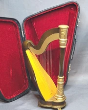 Harp Replica Handmade Collectible Wooden Miniature 7.5" w/ Black Case Dollhouse 