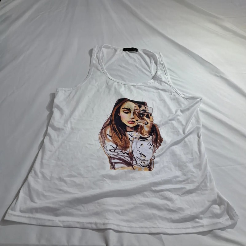 Graphic White Tank Top Womens XXL Cotton Print Girl With Wine Glass Illustration