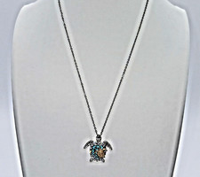 Sea Turtle 20" Necklace with rhinestones/crystals; silver mother with gold baby