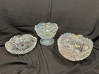 Vintage Set of 3 "Comet in the Stars" White Carnival Glass Bowl, Plate & Compote