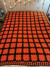 Handmade Vintage Crochet Granny Square Bed Throw Blanket, Orange Brown