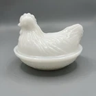 Vintage MCM Hazel Atlas White Milk Glass Chicken Hen on Nest Covered Dish Top
