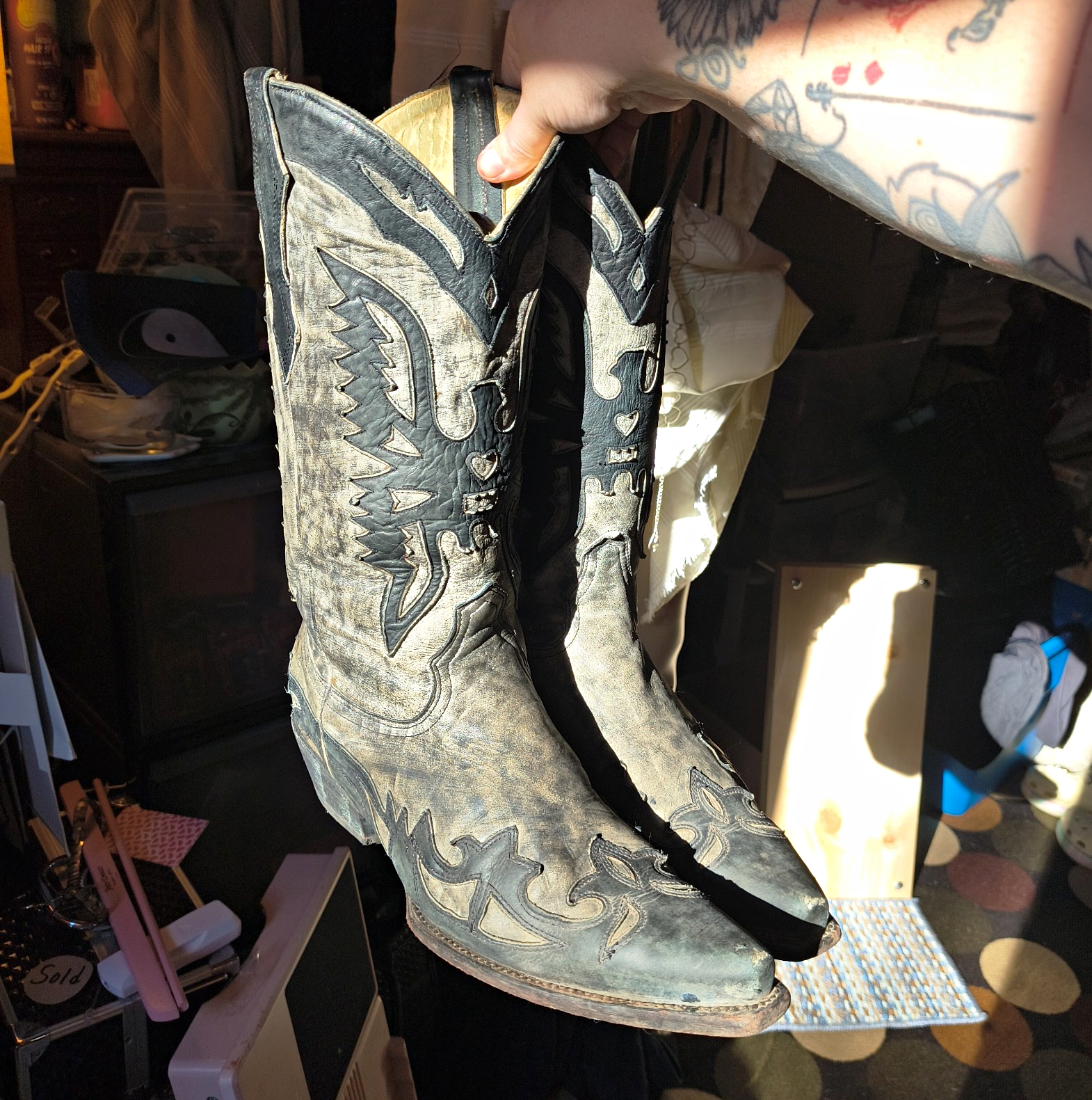 Vintage Men's Western Cowboy Boots Black/Gray Leather US 11D 