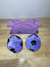 Build A Bear (BaB) Clothing - Purple Fuzzy Slippers with Paw Prints & Shirt