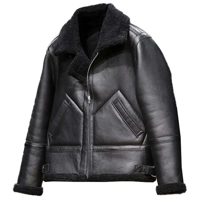 Unisex B3 Bomber Black Pilot Aviator Flight Jacket Shearling Fur Leather Coat image 1