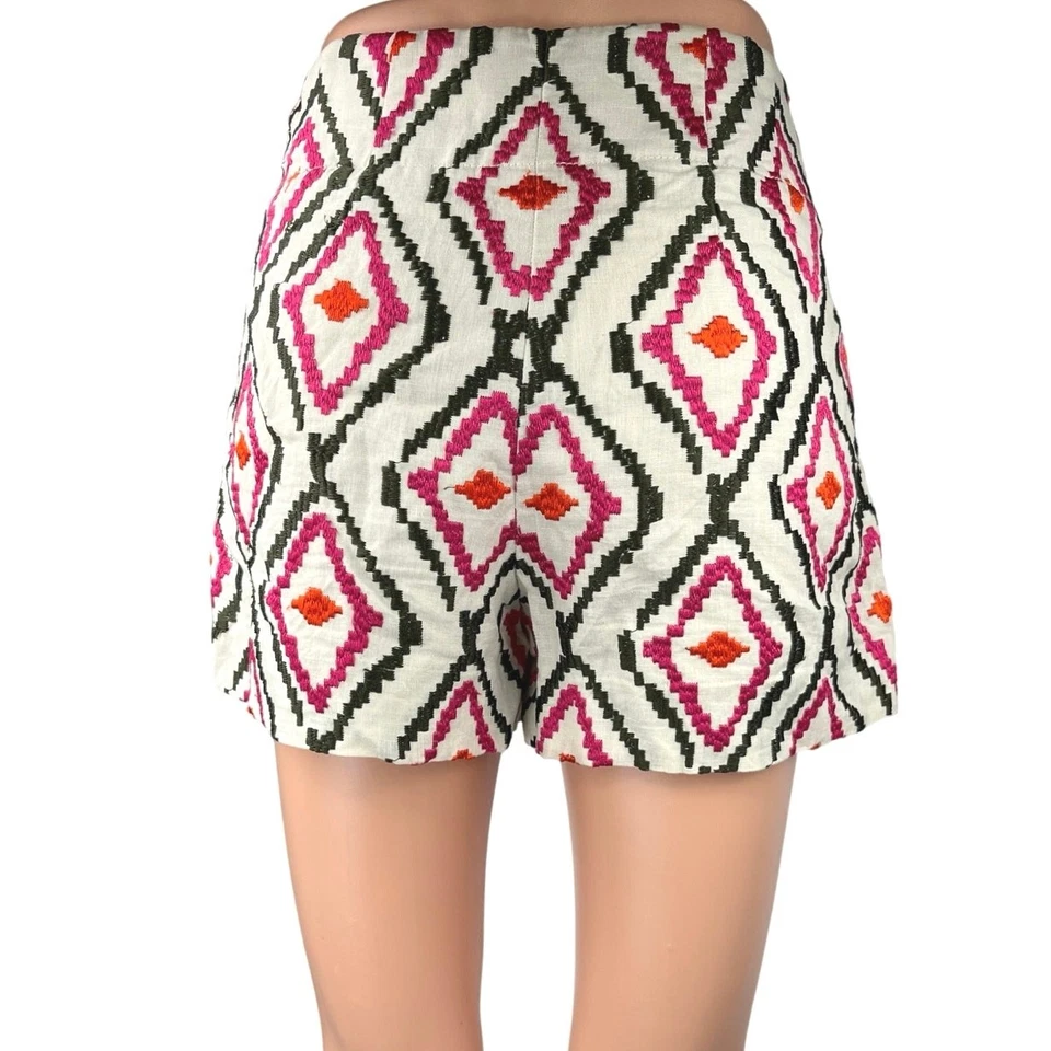 Ann Taylor LOFT White Riviera Embroidered 100% Linen Tribal Aztec Shorts Size 4 - Image 3 of 4