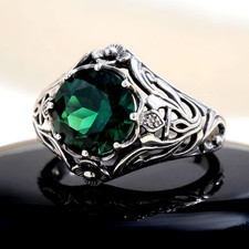 Scottish Thistle Simulated Emerald Ring Celtic Filigree 925 Sterling Silver 757