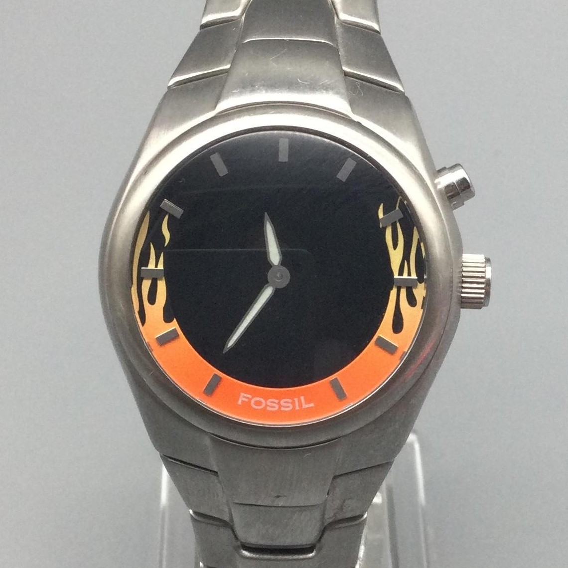Fossil Big Tic JR-8215 Mens Watch 35mm Flames Steel Bracelet New Battery 7.25"