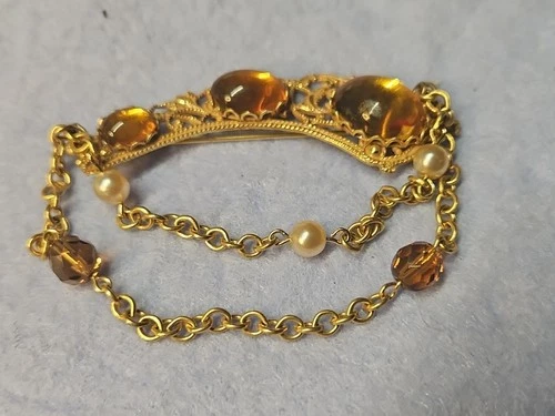 Vintage Signed Miriam Haskell Pin.  Gold Tone , Amber & Pearl Accents. 3 Inch