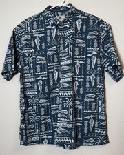 Island Shores Original Island Wear Men  s Hawaiian Shirt Size L Blue White Cotton
