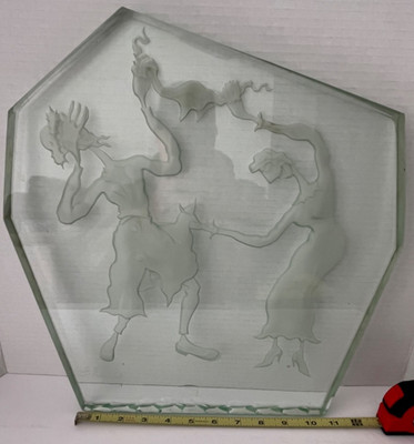 ''HASIDIC DANCERS'' Etched Glass Sculpture By Herman Perlman Judea Art 14x16 Inch