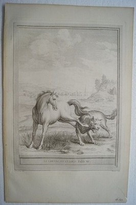 Le Cheval et le Loup. Fable XC. Original Kupferstich von Jean-Baptiste Oudry zu 