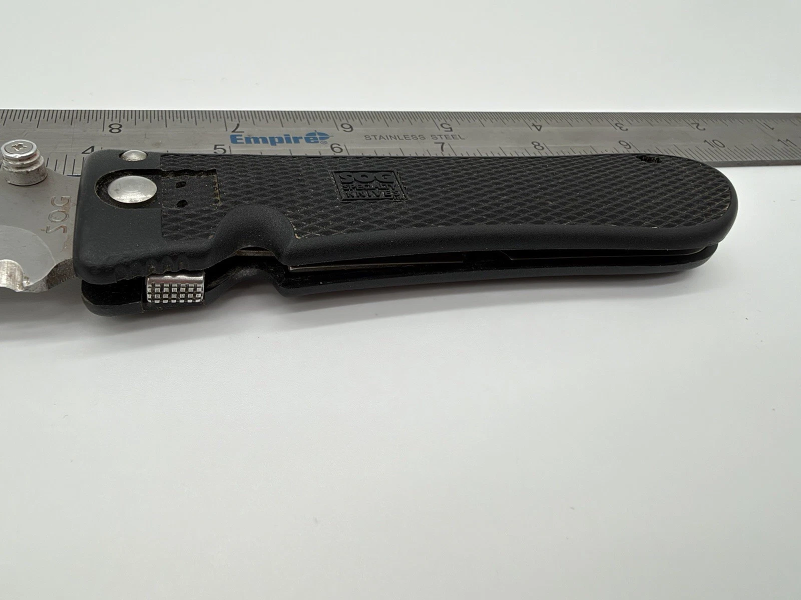 SOG Pentagon Elite I Knife Seki Japan 4in Serrated Blade Used Early version image 4