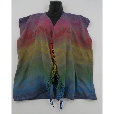 Rainbow Ombre Mandala Sun Fringe Poncho Vest Bohemian Open Front Layering Wrap