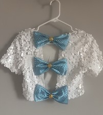 Custom made White Sequin Top with Blue Polkat satin Bow (one Of A Kind)